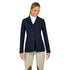 Woman wearing a navy riding jacket on a white background
